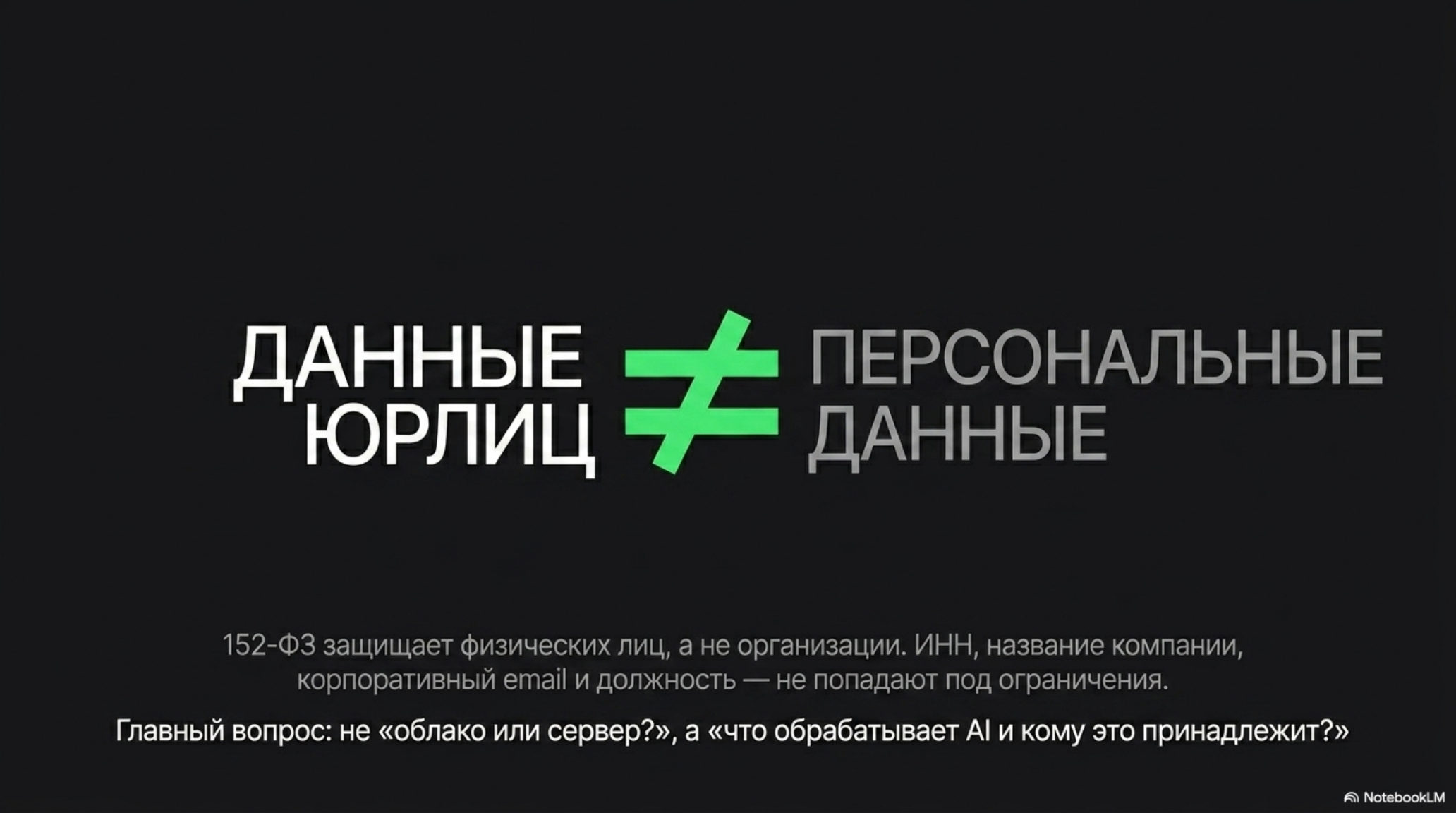 Слайд: «Данные юрлиц ≠ Персональные данные». Объяснение различий в контексте 152-ФЗ для B2B AI.
