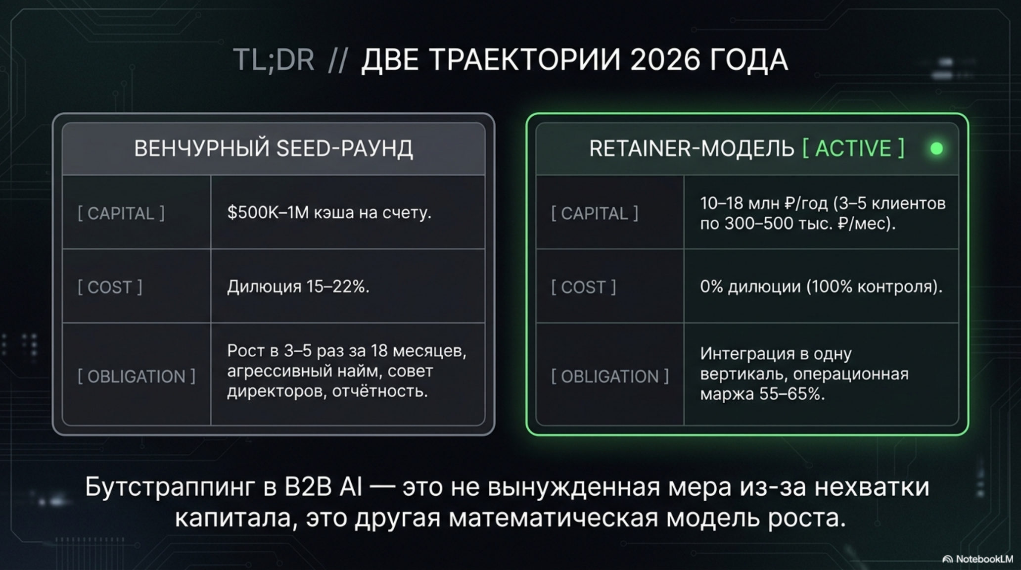 Сравнение венчурного seed-раунда и retainer-модели для B2B AI стартапов в 2026 году.