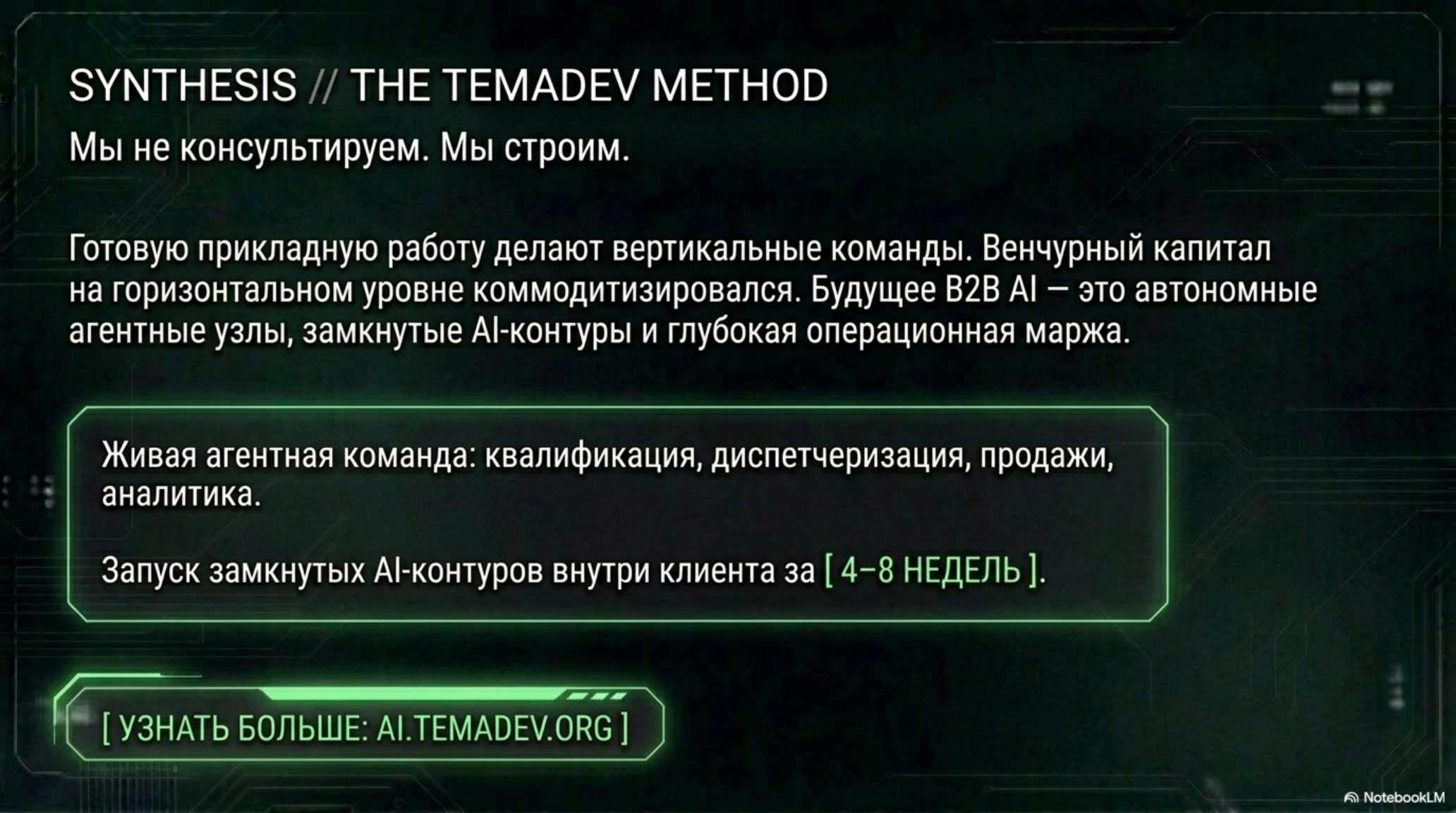 Слайд о методе Temadev: построение AI-систем, а не консалтинг. Ключевые принципы и сроки внедрения.
