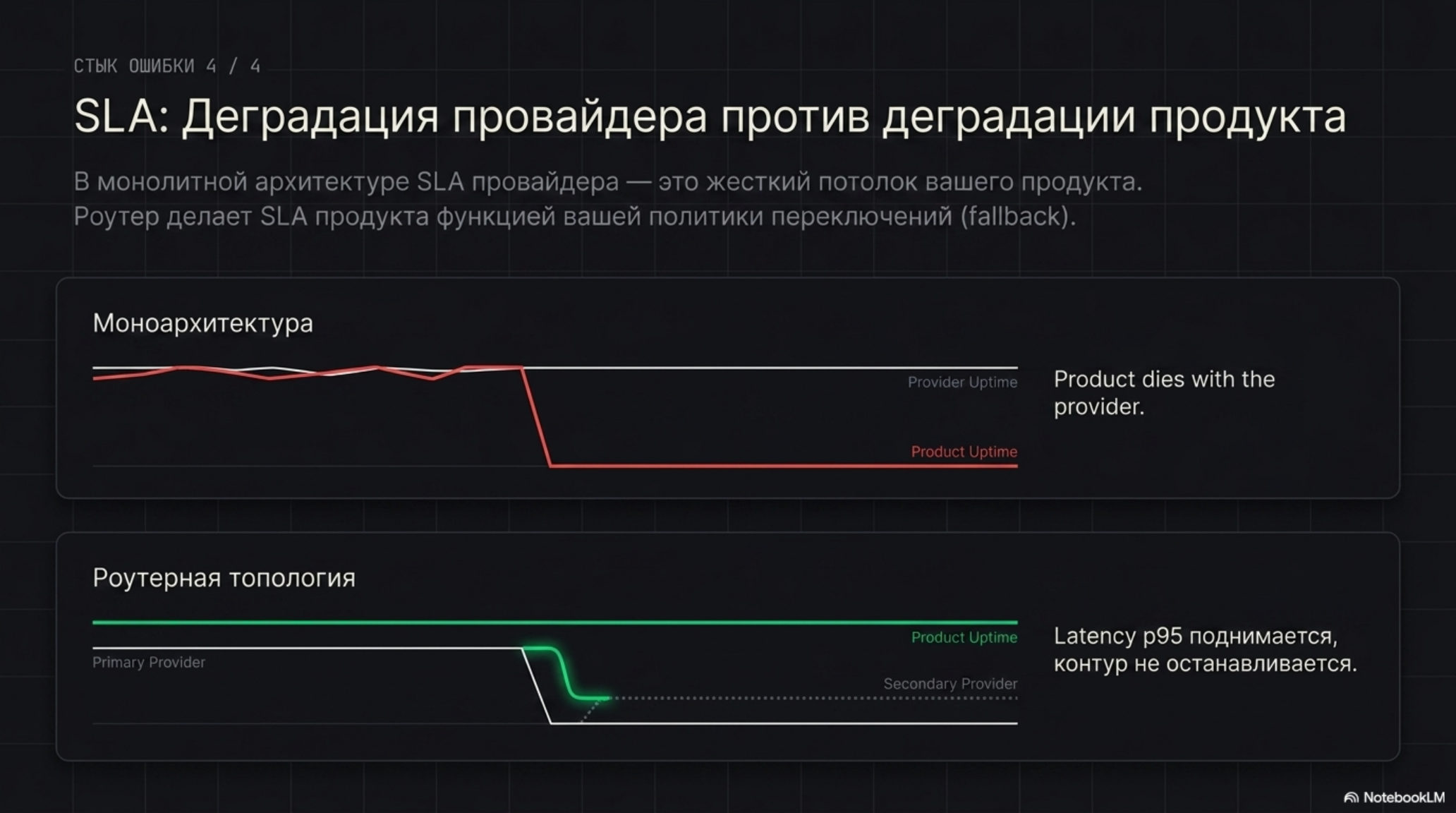 Сравнение деградации SLA провайдера и продукта в монолитной и роутерной архитектурах.