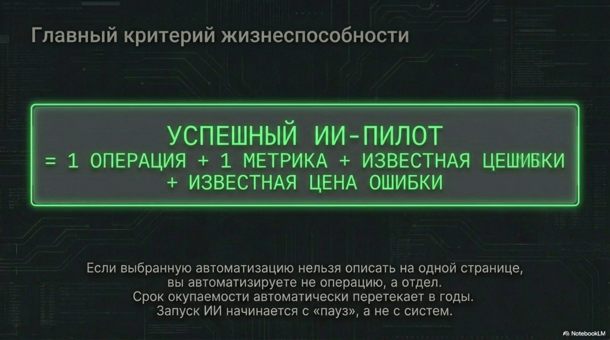 Слайд: Главный критерий жизнеспособности ИИ-пилота. Формула успеха и рекомендации по запуску ИИ.